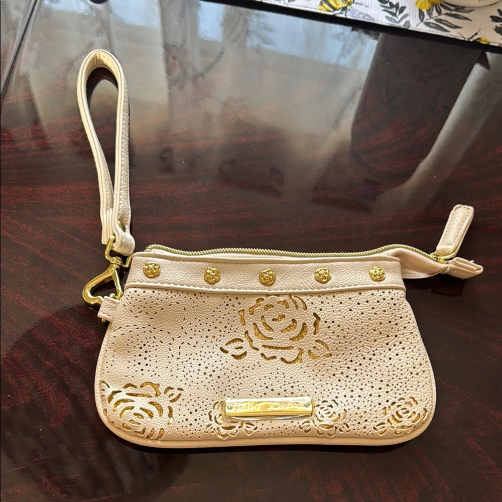 NWOT Betsey Johnson Cream and Gold Floral Clutch